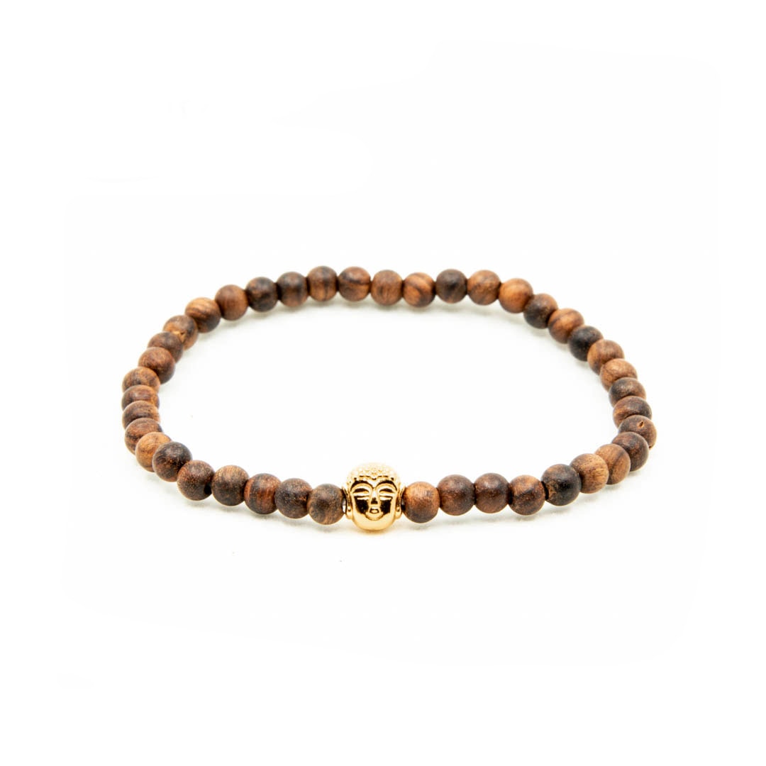 Handmala mit Glücksmünze 18 x 12 mm  Perlen Asien Armband Mala Buddha Holzperlen 